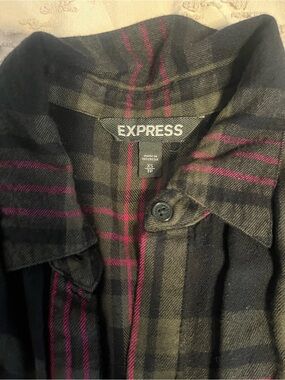 Express Black Plaid Jean Jacket with Pink Stripes